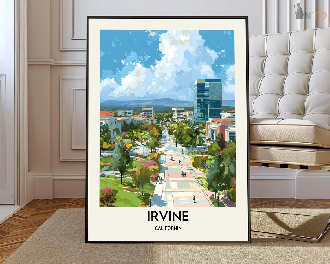 Irvine California Sunny Skyline Avenue Illustrated Travel Poster