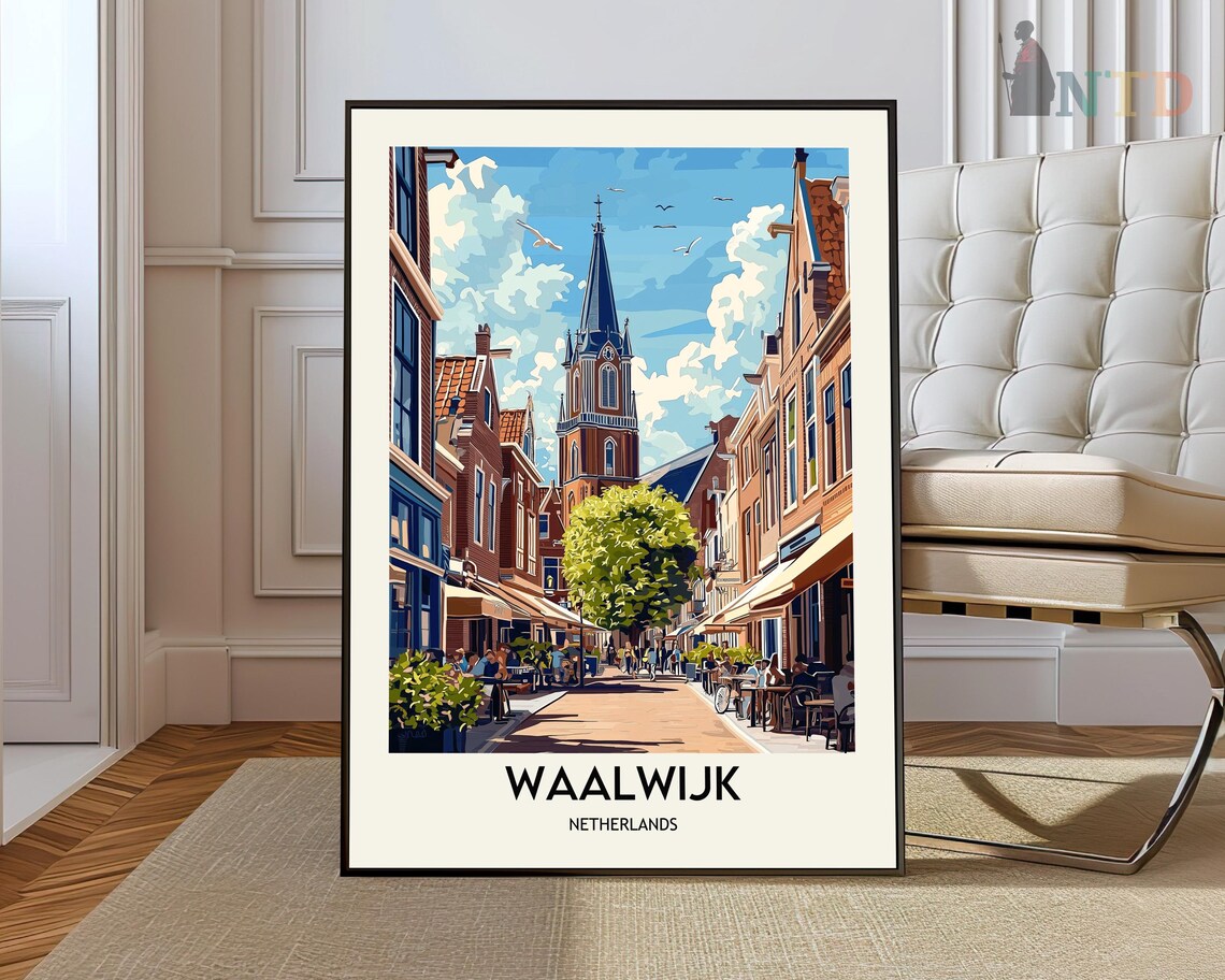 Waalwijk Netherlands Historic Street Church Travel Scene Poster
