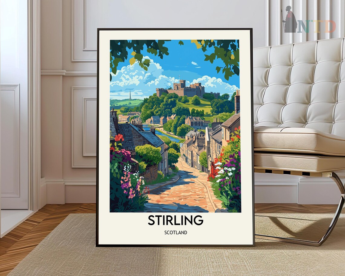 Stirling Scotland Castle Hill Cobblestone Street Vintage Travel Poster
