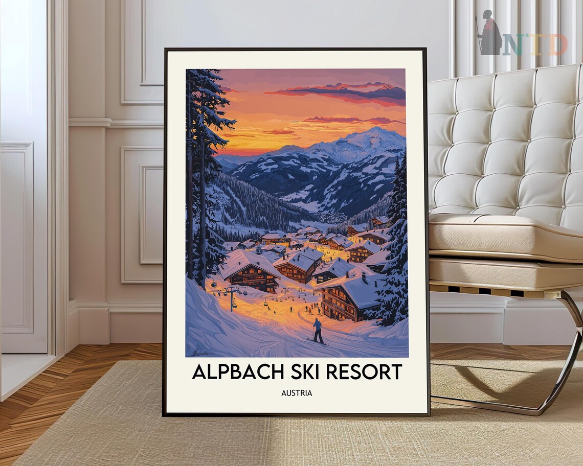 Village Lights at Sunset Alpbach Ski Resort Austria Travel Poster