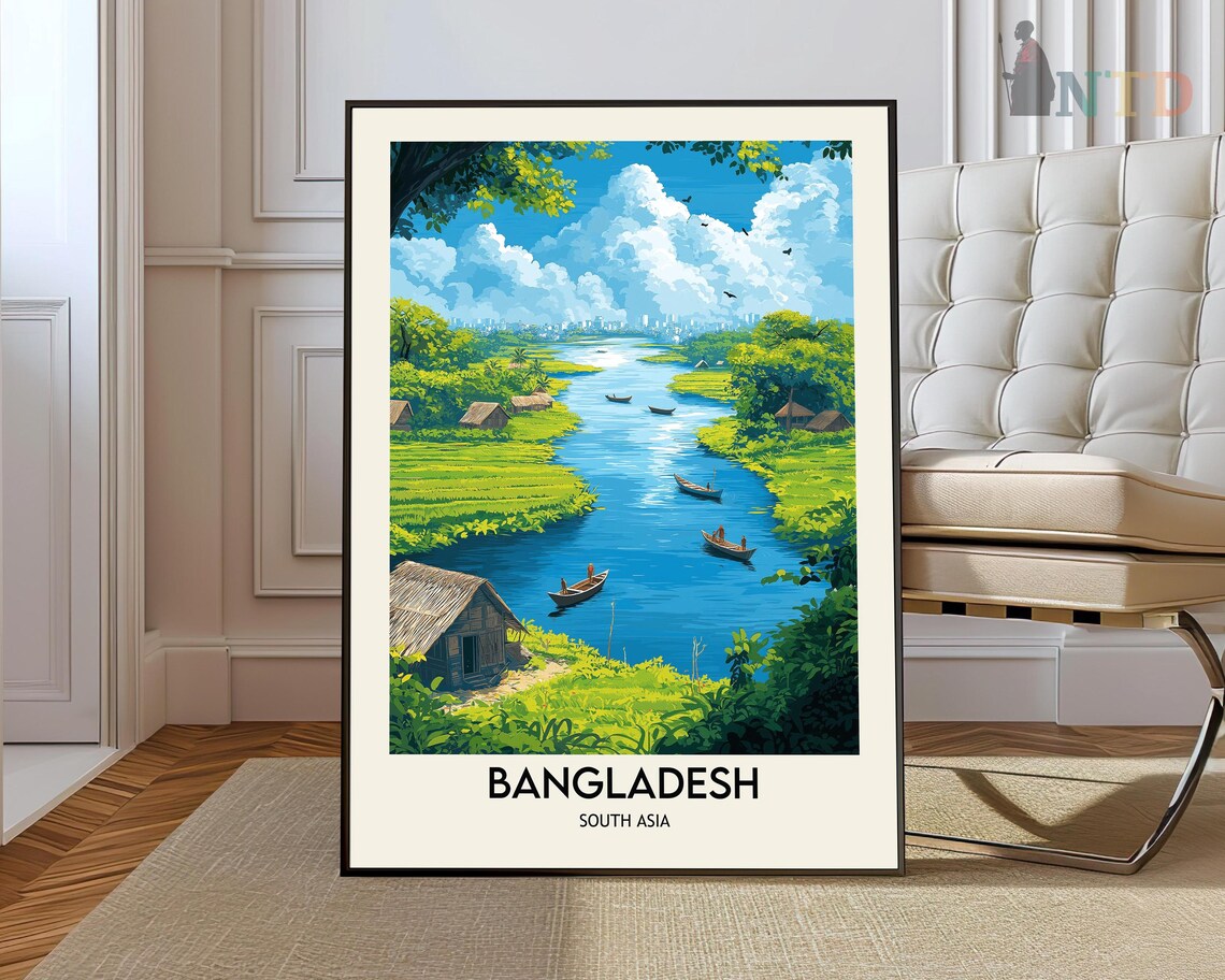 Bangladesh River Boats Lush Green Banks Vintage Travel Poster