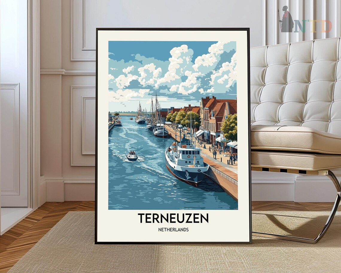 Terneuzen Netherlands Harbor Boats Vintage Travel Canal Poster