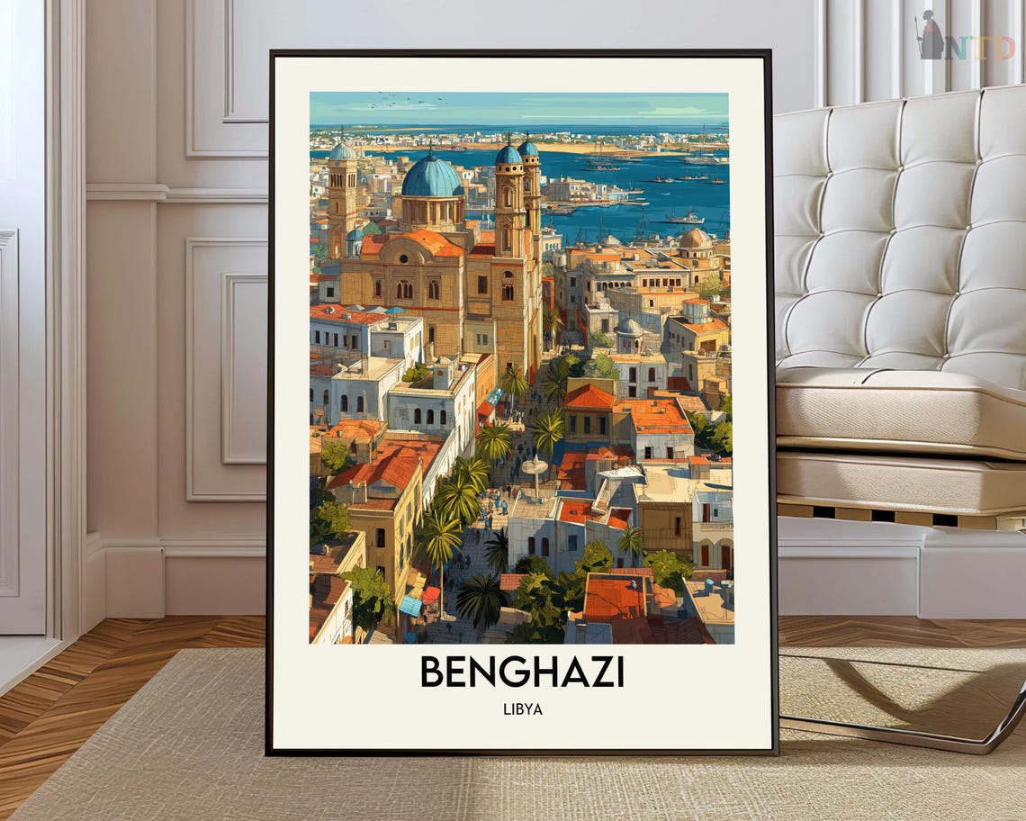 Benghazi Libya Old Town Cathedral Towers Harbor View Travel Poster