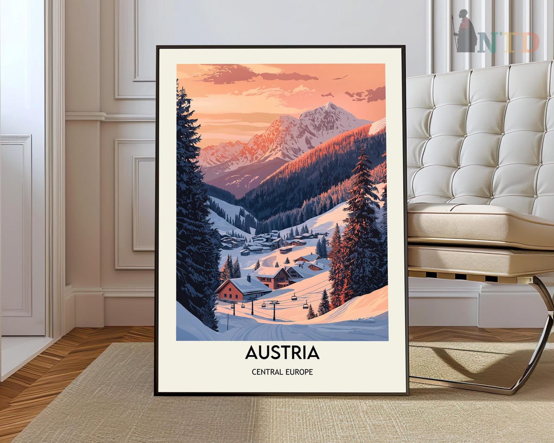 Austria Alpine Ski Resort Sunset Over Snowy Mountain Travel Poster