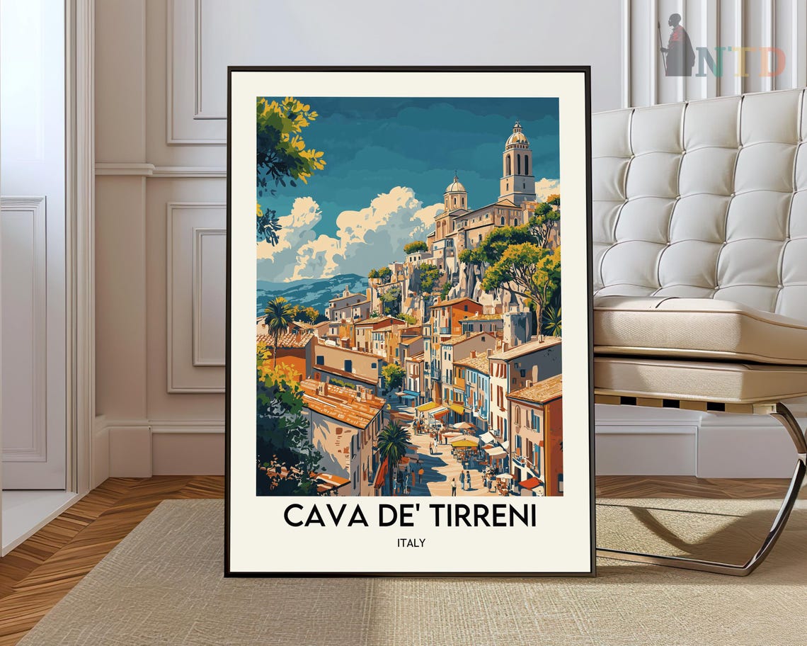 Cava de' Tirreni Italy Travel Poster Hillside Cathedral Town View