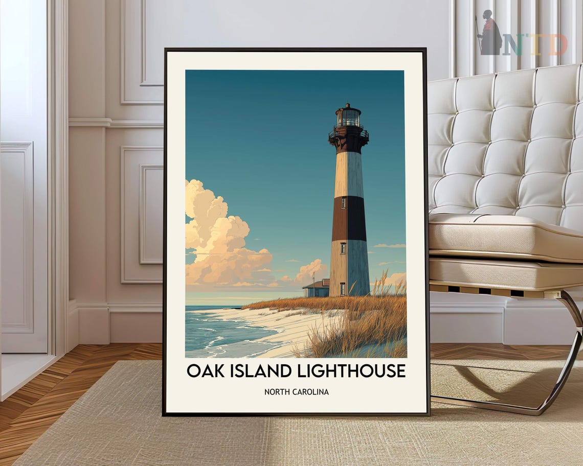 Oak Island Lighthouse North Carolina Sandy Beach Travel Poster