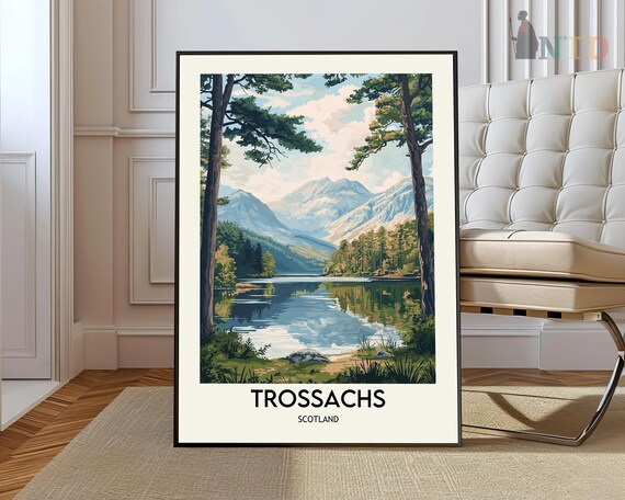 Trossachs Scotland Sunny Lake Pine Forest Snow Peak Landscape Poster
