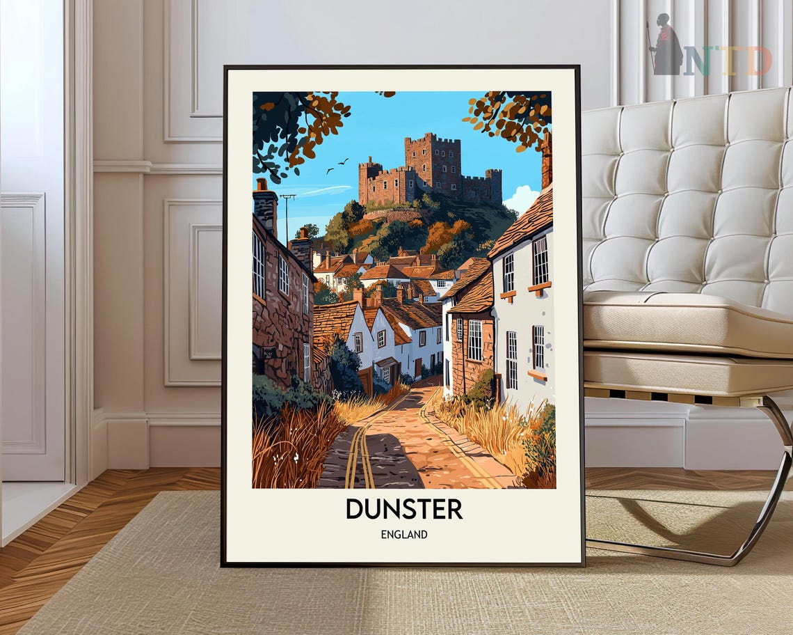 Dunster Cobblestone Lane with Cottages Below the Castle Hill Poster