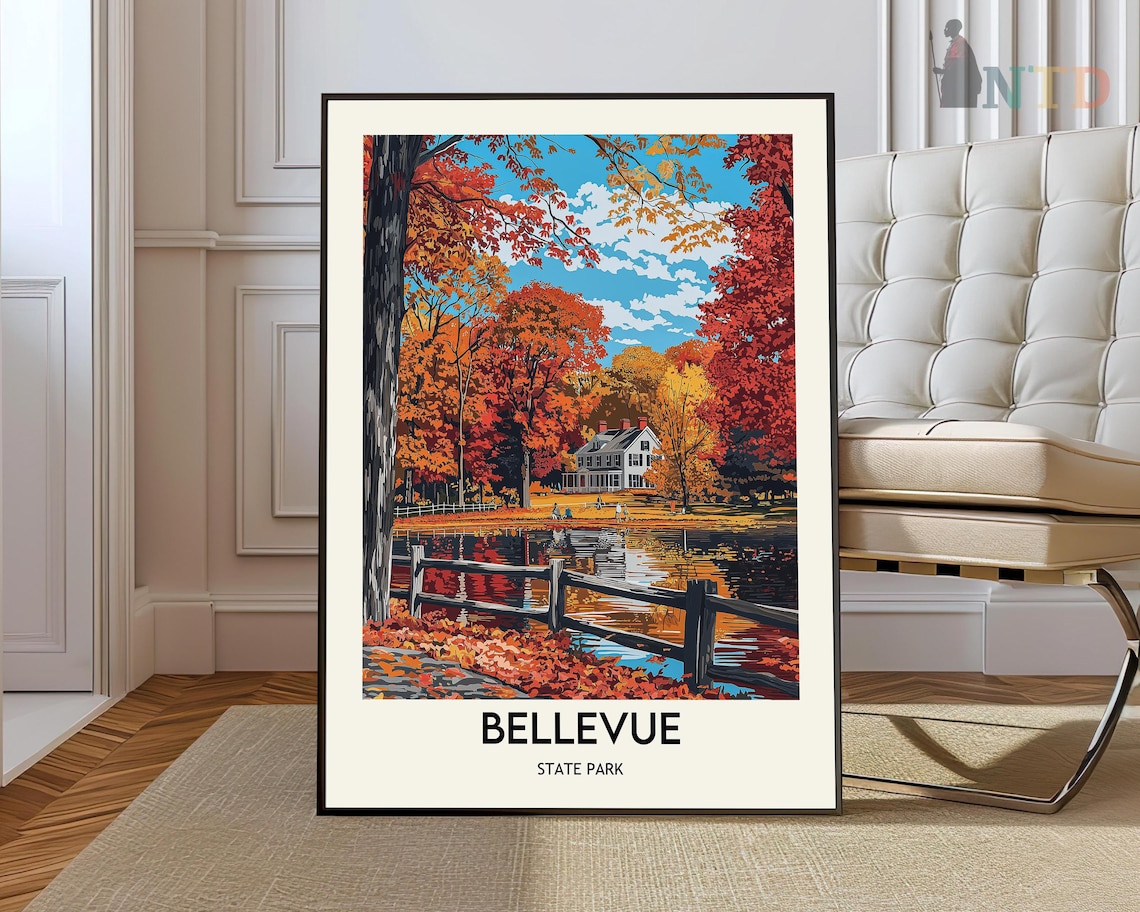 Bellevue State Park Fall Foliage Pond Fence Autumn Scene Travel Poster