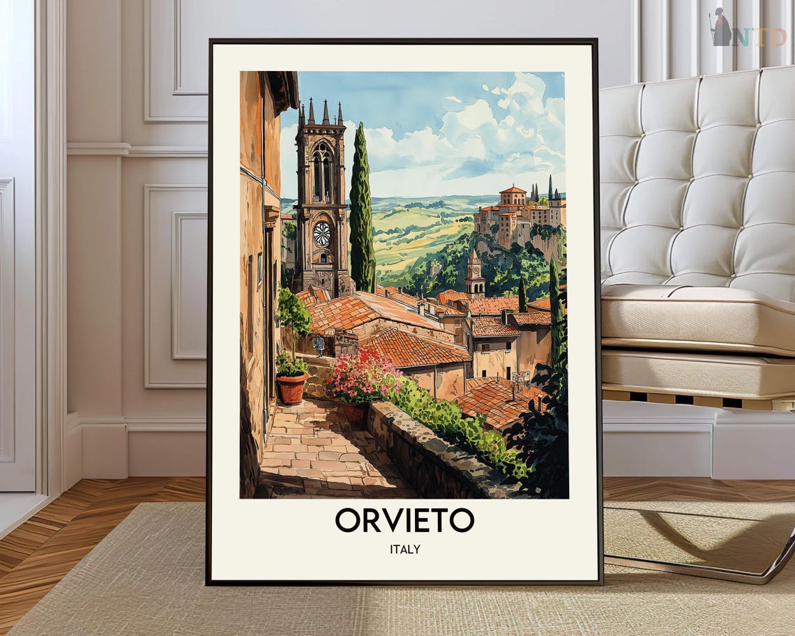 Orvieto Italy Hill Town Bell Tower Street Watercolor Travel Poster