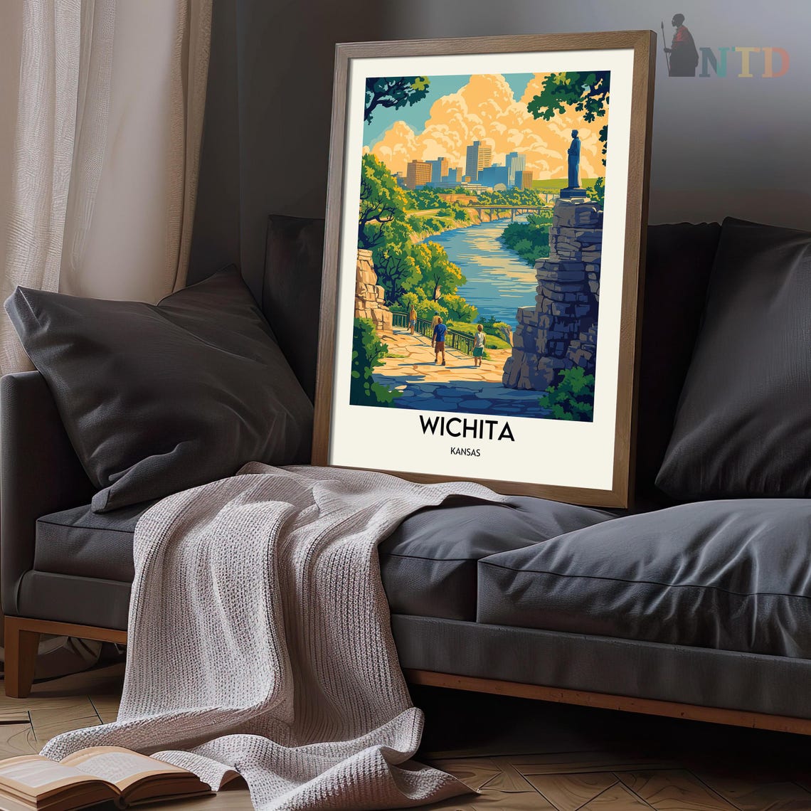 Wichita Kansas Riverfront Skyline Statue Vintage Travel Poster - Image 3