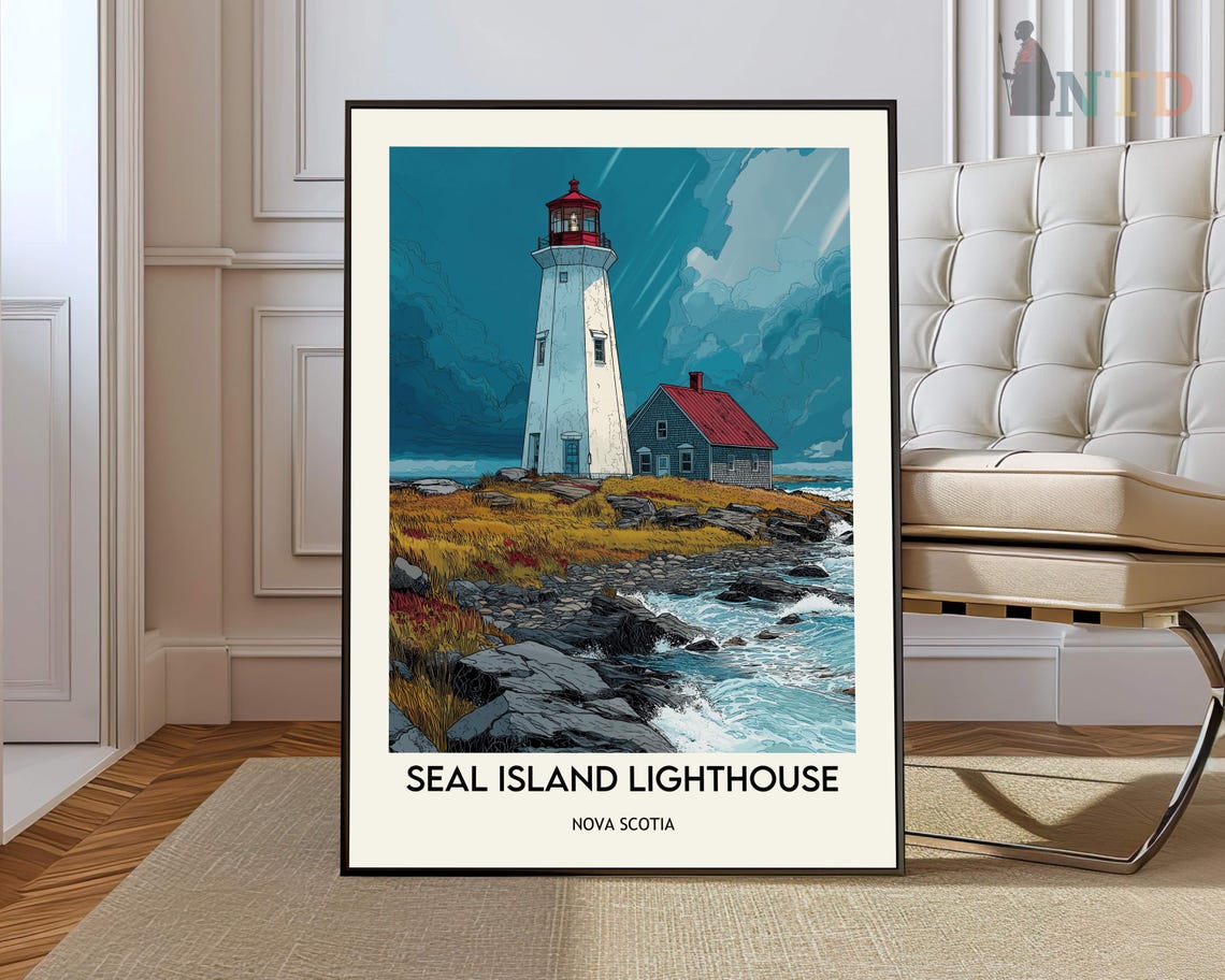 Seal Island Lighthouse Nova Scotia Teal Ocean Waves Travel Poster