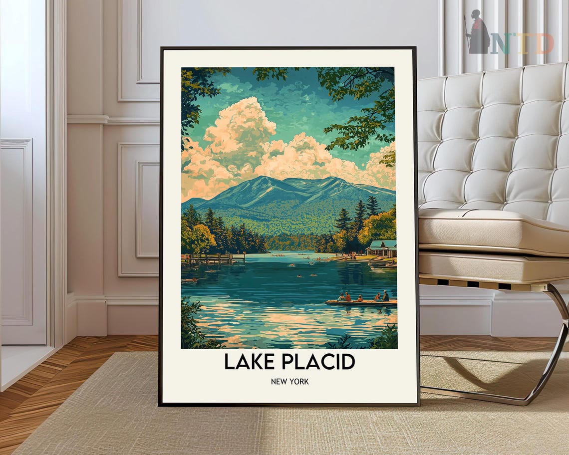 Lake Placid New York Canoe Summer Day Mountain Lake View Poster