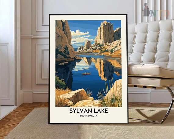 Sylvan Lake South Dakota Granite Cliffs Canoe Vintage Travel Poster