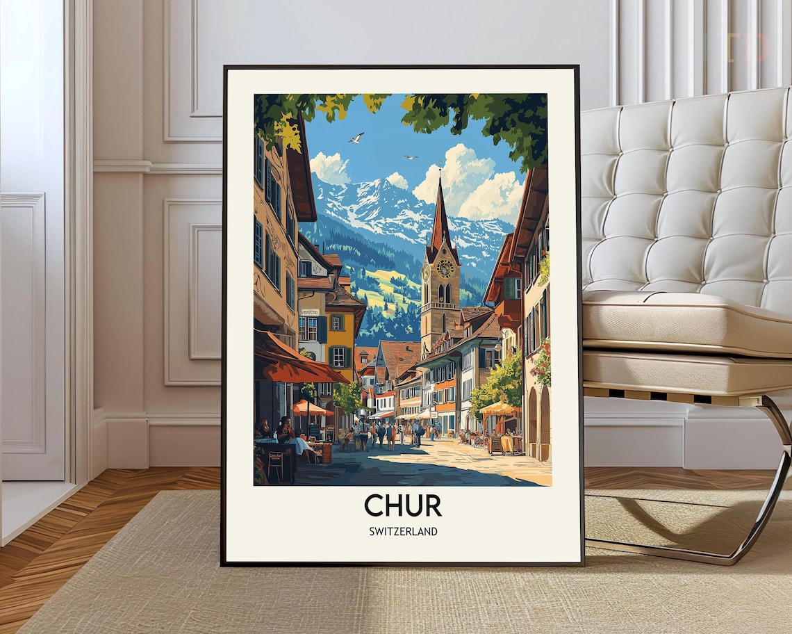 Chur Switzerland Travel Poster Old Town Church Tower Mountain Art