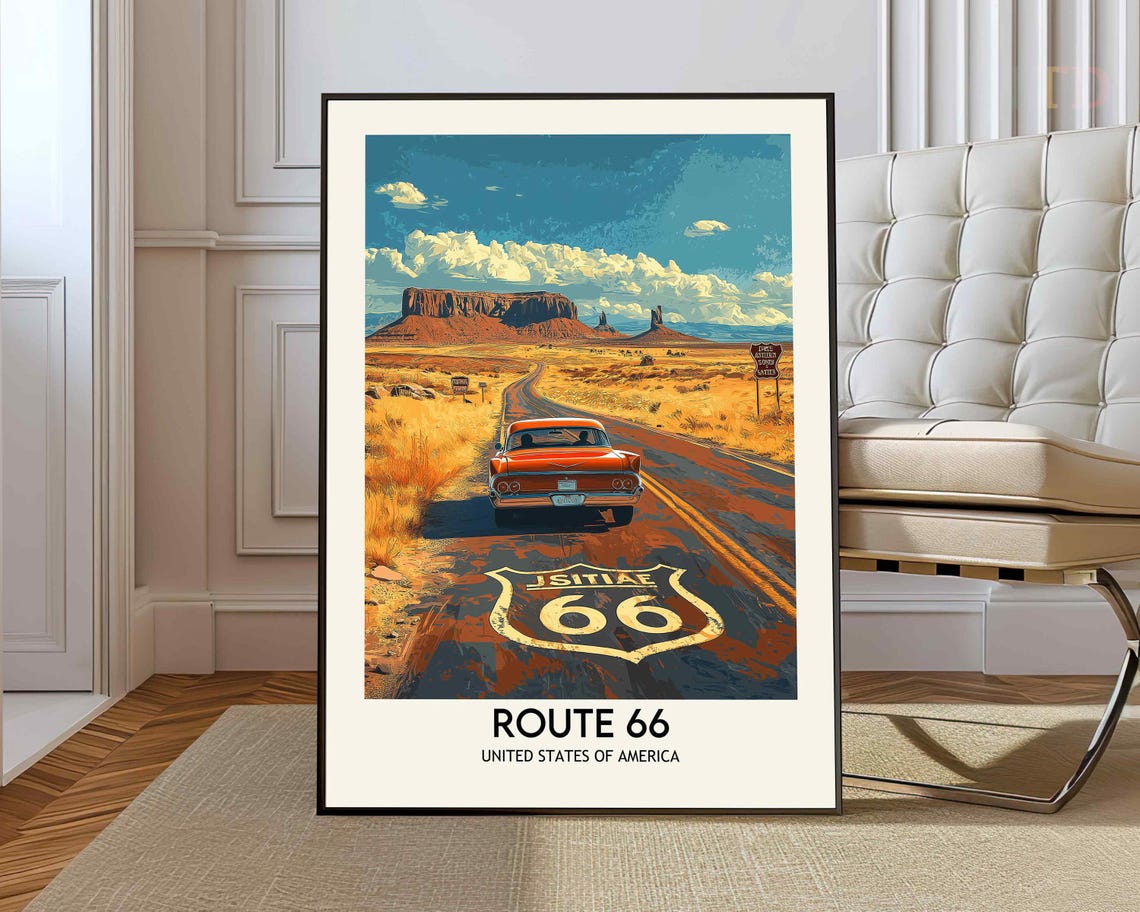 Route 66 Classic Red Car Desert Highway Americana Road Trip Poster