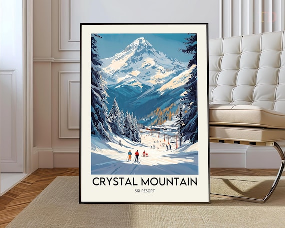 Crystal Mountain Ski Resort Snowy Peak And Busy Slopes Travel Poster