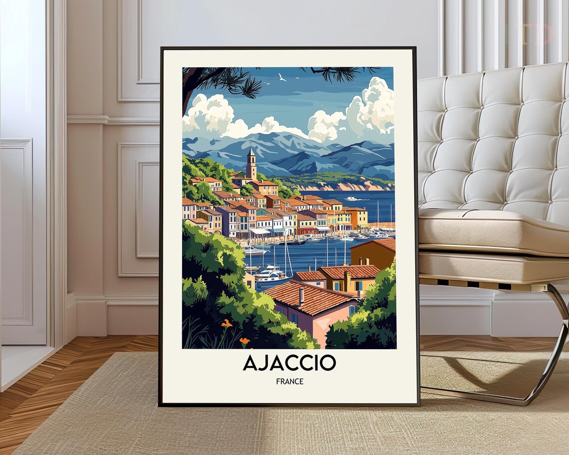 Ajaccio Corsica France Harbor Bay and Mountain View Travel Poster