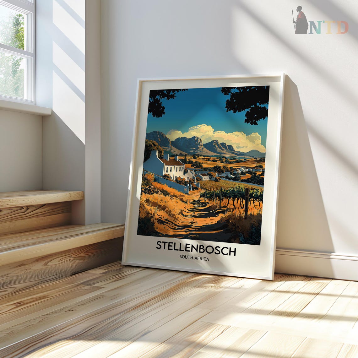 Stellenbosch Golden Vineyard Path Mountain View Travel Poster - Image 3