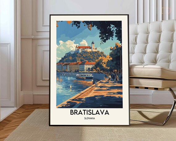 Bratislava Slovakia Castle Riverside Sunset Scene Travel Poster