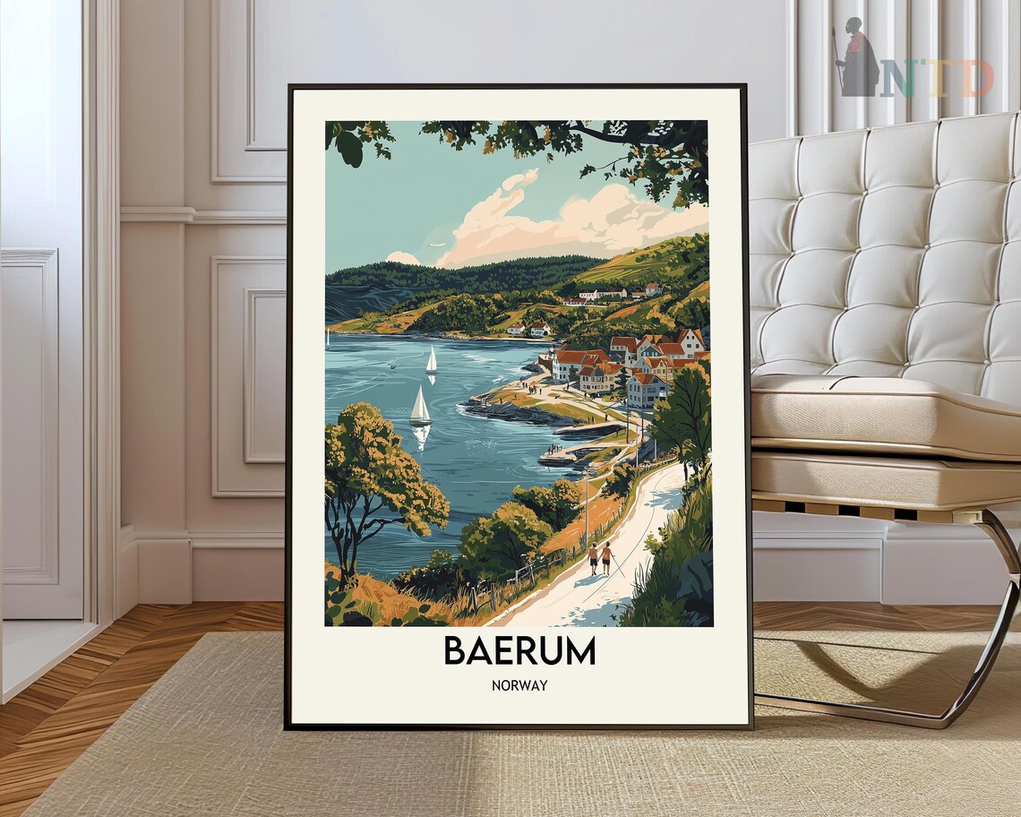 Baerum Norway Fjord Coast With Sailboats Retro Travel Poster