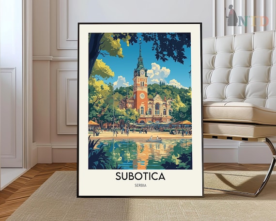Subotica Serbia City Hall Reflecting Lake Classic Travel Poster