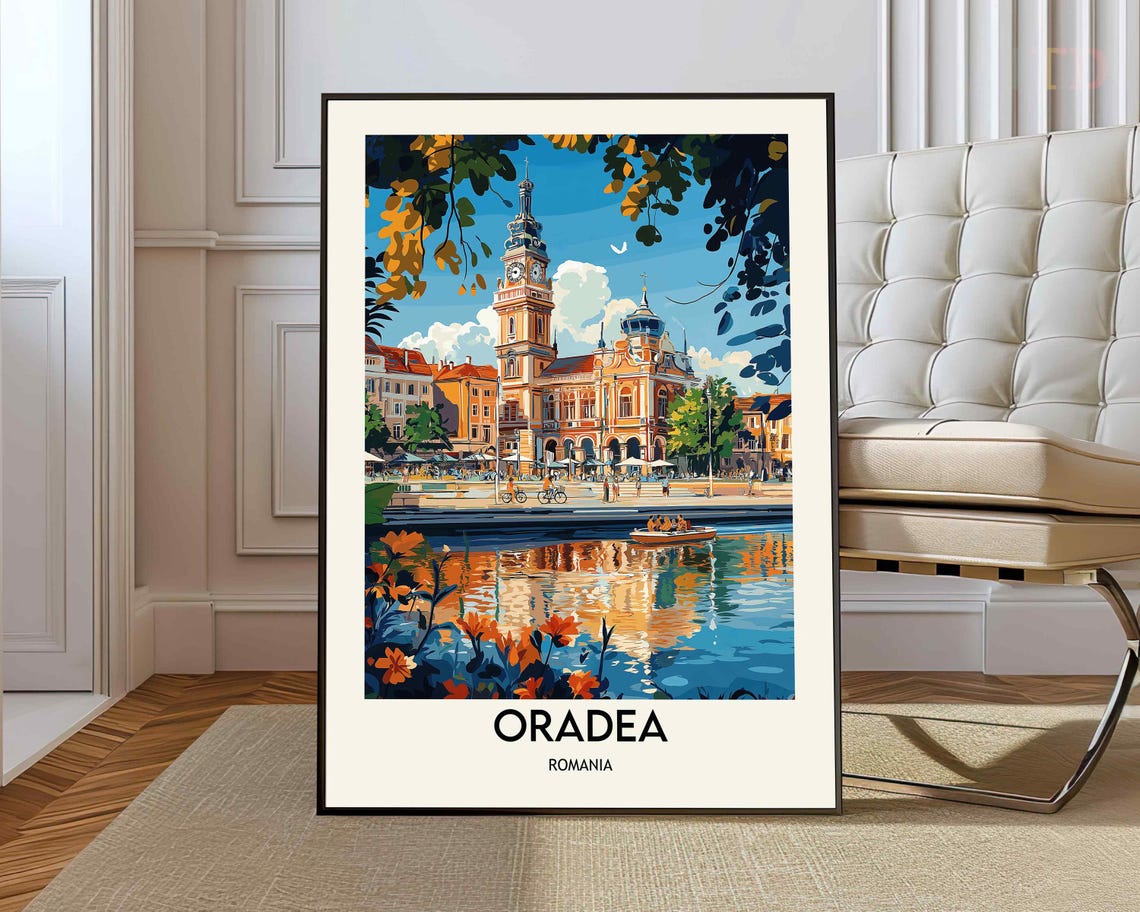 Oradea Romania City Hall Sunset Riverside Vintage Travel Poster