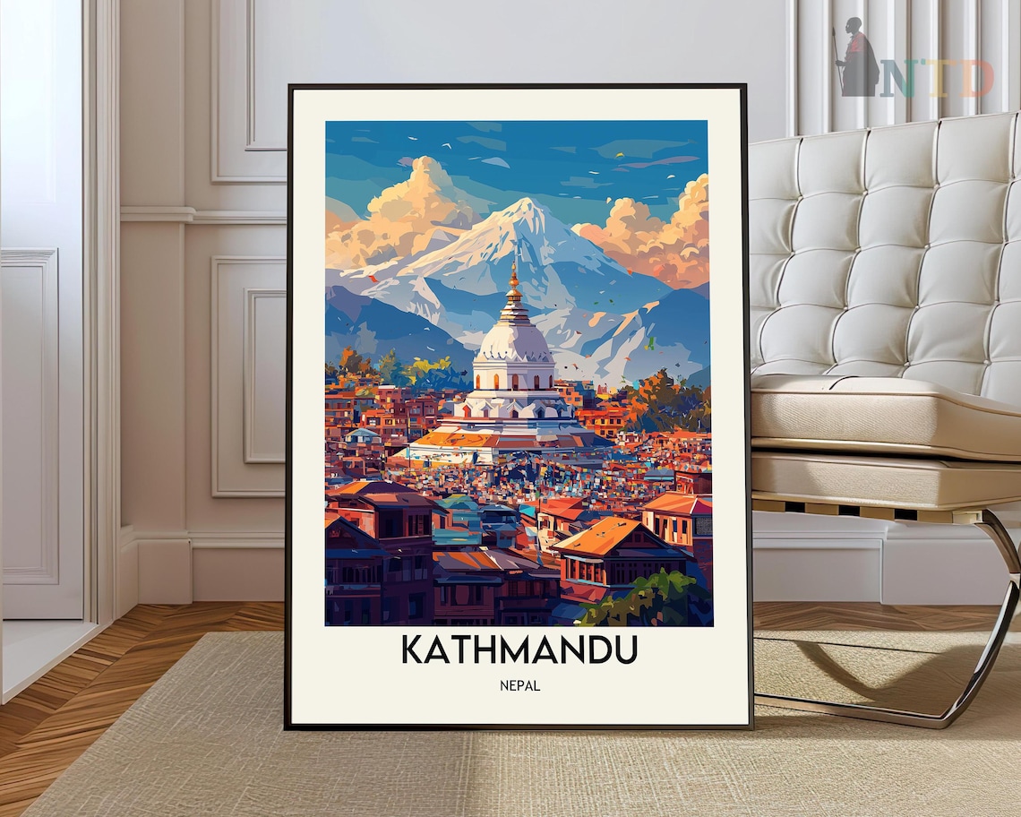 Kathmandu Nepal Himalayan Mountain Stupa Temple Vintage Travel Poster