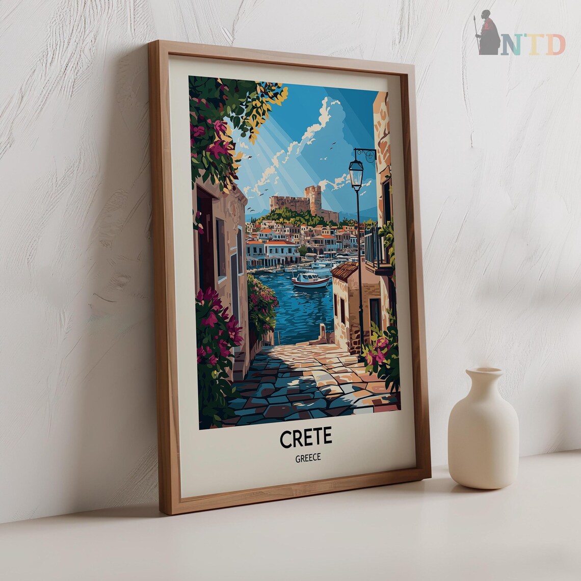 Crete Coastal Village Street with Colorful Boats in the Harbor Poster - Image 2