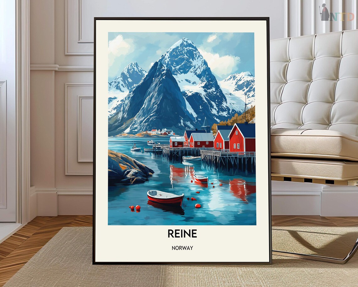 Reine Norway Travel Poster Harbor Boats and Red Fishing Cabins