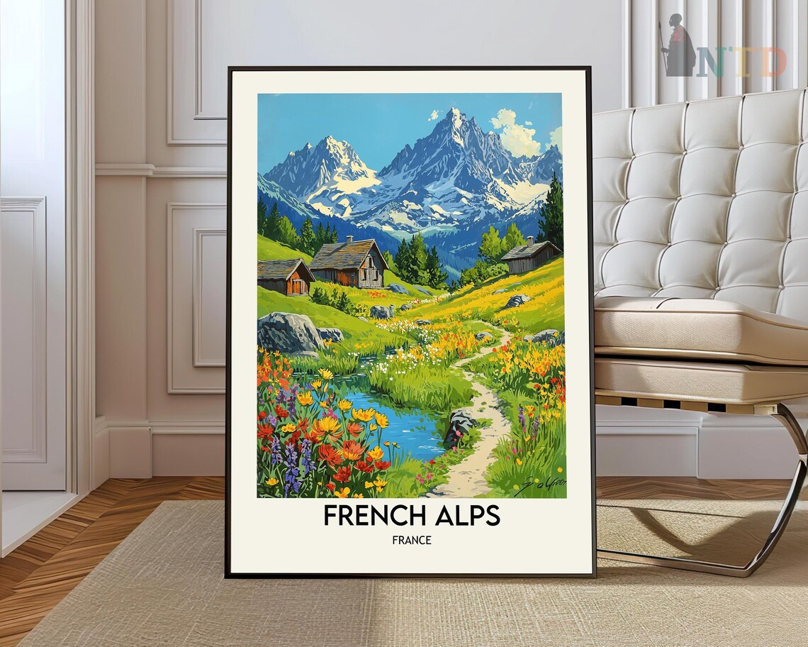 French Alps Snowy Peak Wildflower Meadow Vintage Travel Poster