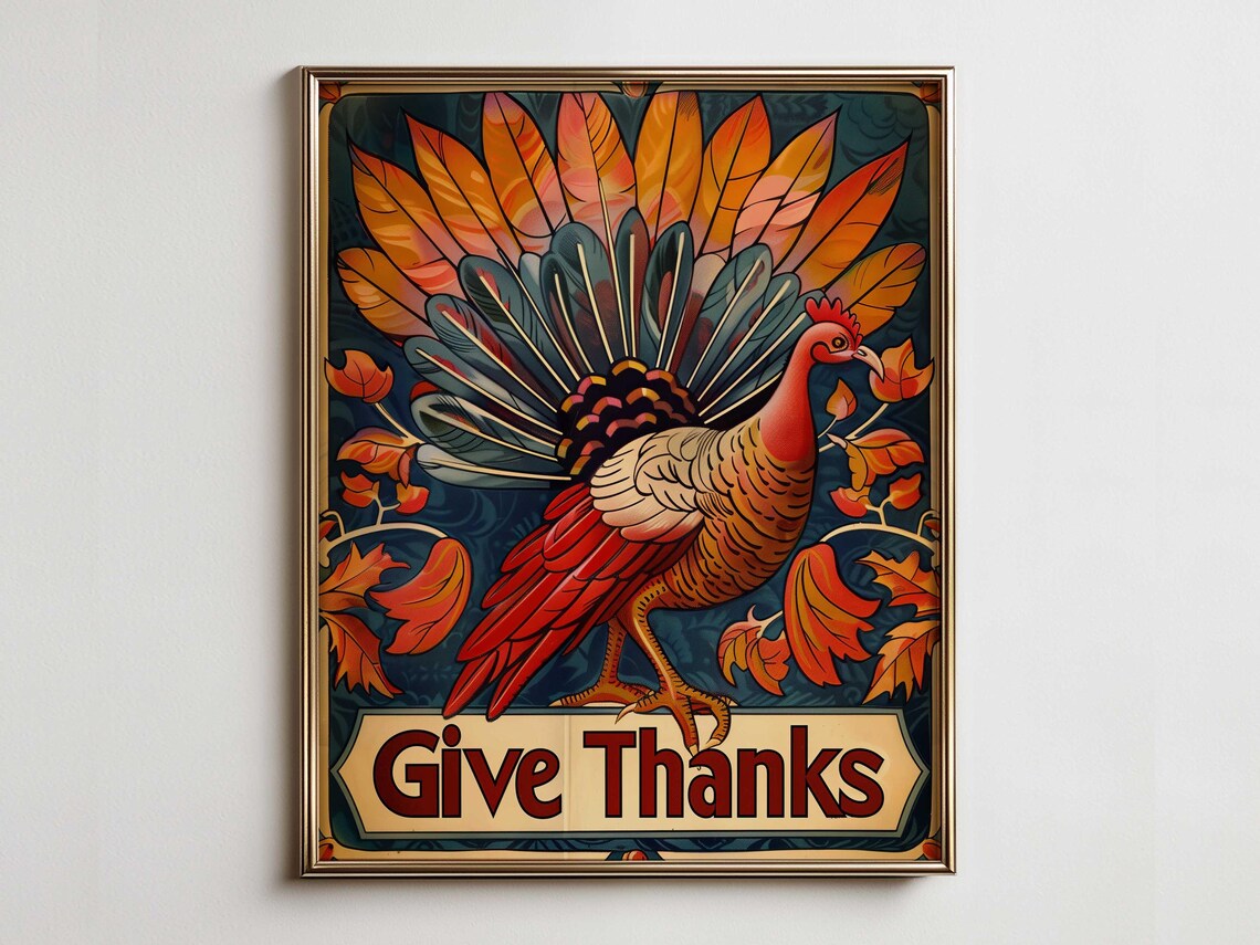 Give Thanks Turkey Autumn Leaves Folk Harvest Poster Art Vintage