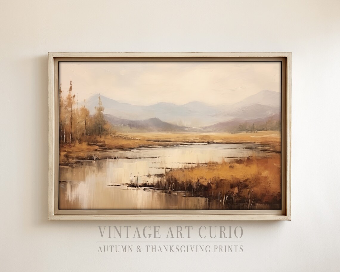 Autumn Lake Landscape Painting Golden Marsh Mountain View Art Print