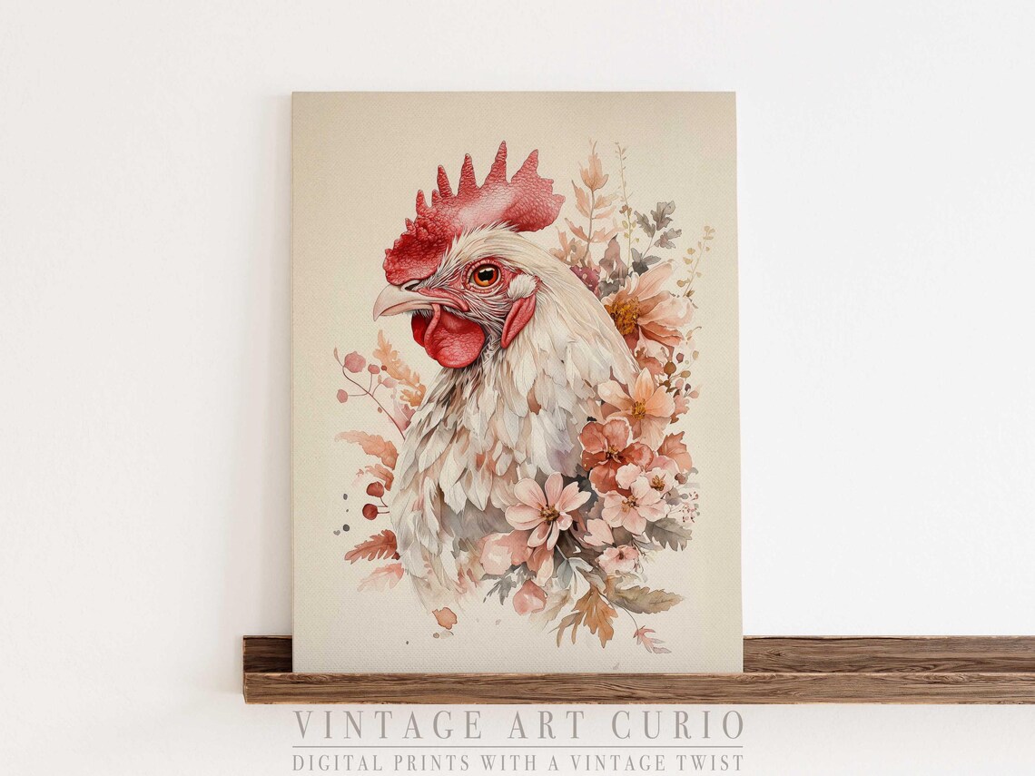 Watercolor Rooster with Autumn Florals Farmhouse Kitchen Art Poster