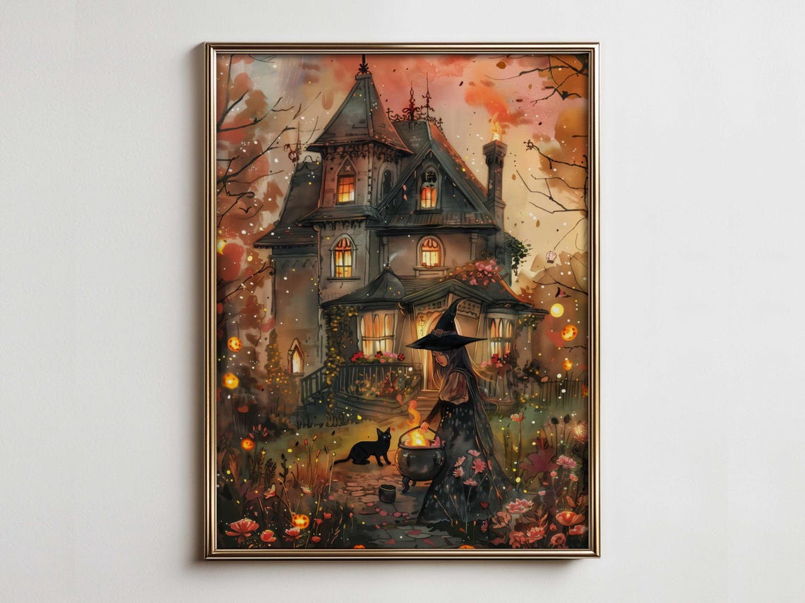 Halloween Witch Cauldron Black Cat Haunted House Autumn Poster