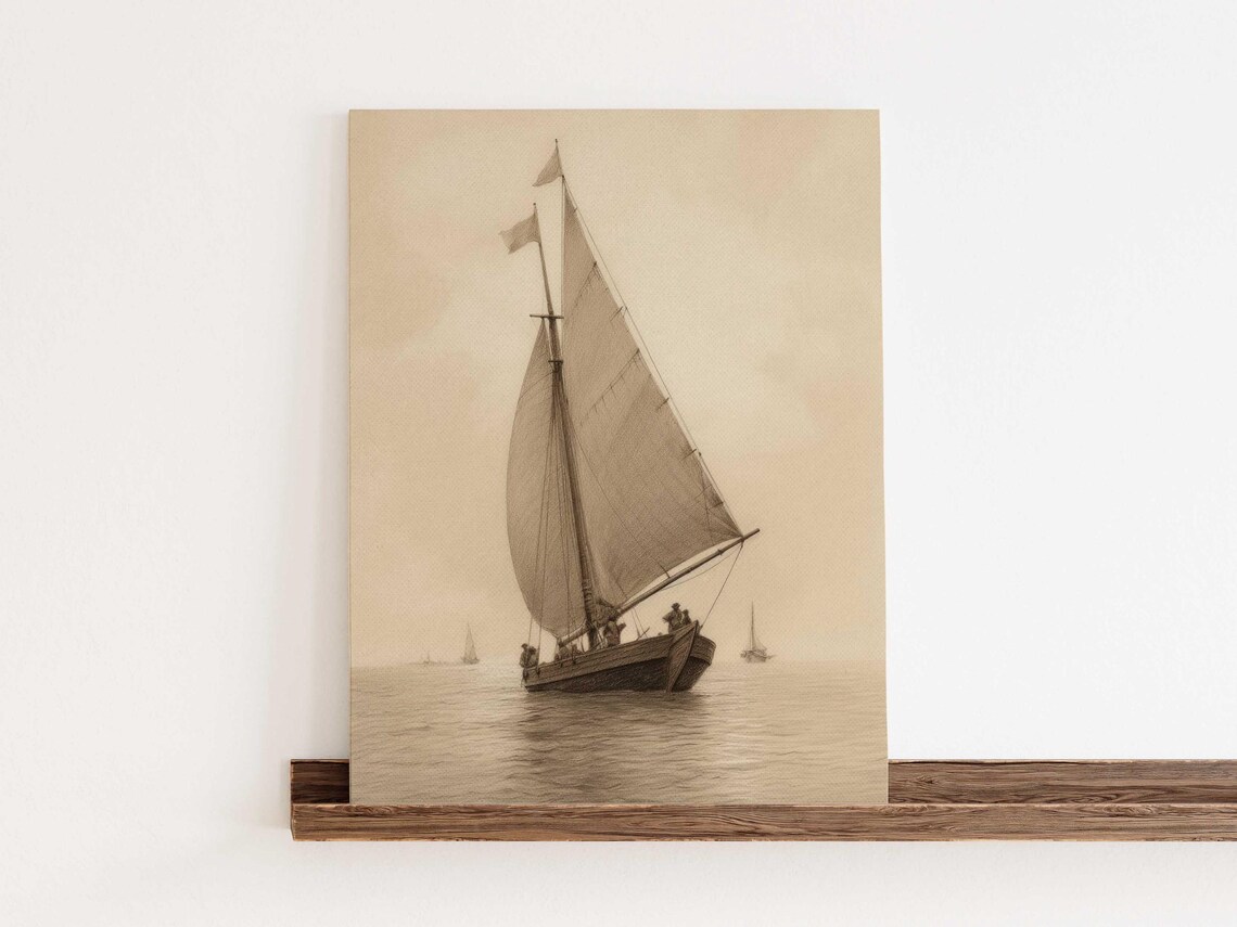 Vintage Sepia Sailboat Calm Sea Antique Nautical Sketch Poster