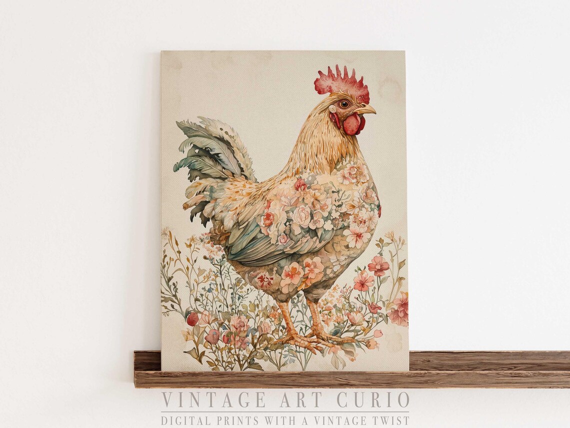 Floral Chicken Watercolor Art Print, Rustic Farmhouse