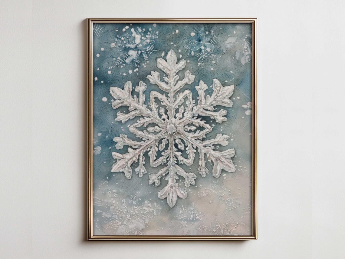 Watercolor Snowflake Winter Painting Blue White Holiday Decor Poster