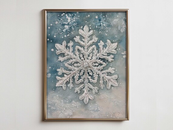 Watercolor Snowflake Winter Painting Blue White Holiday Decor Poster