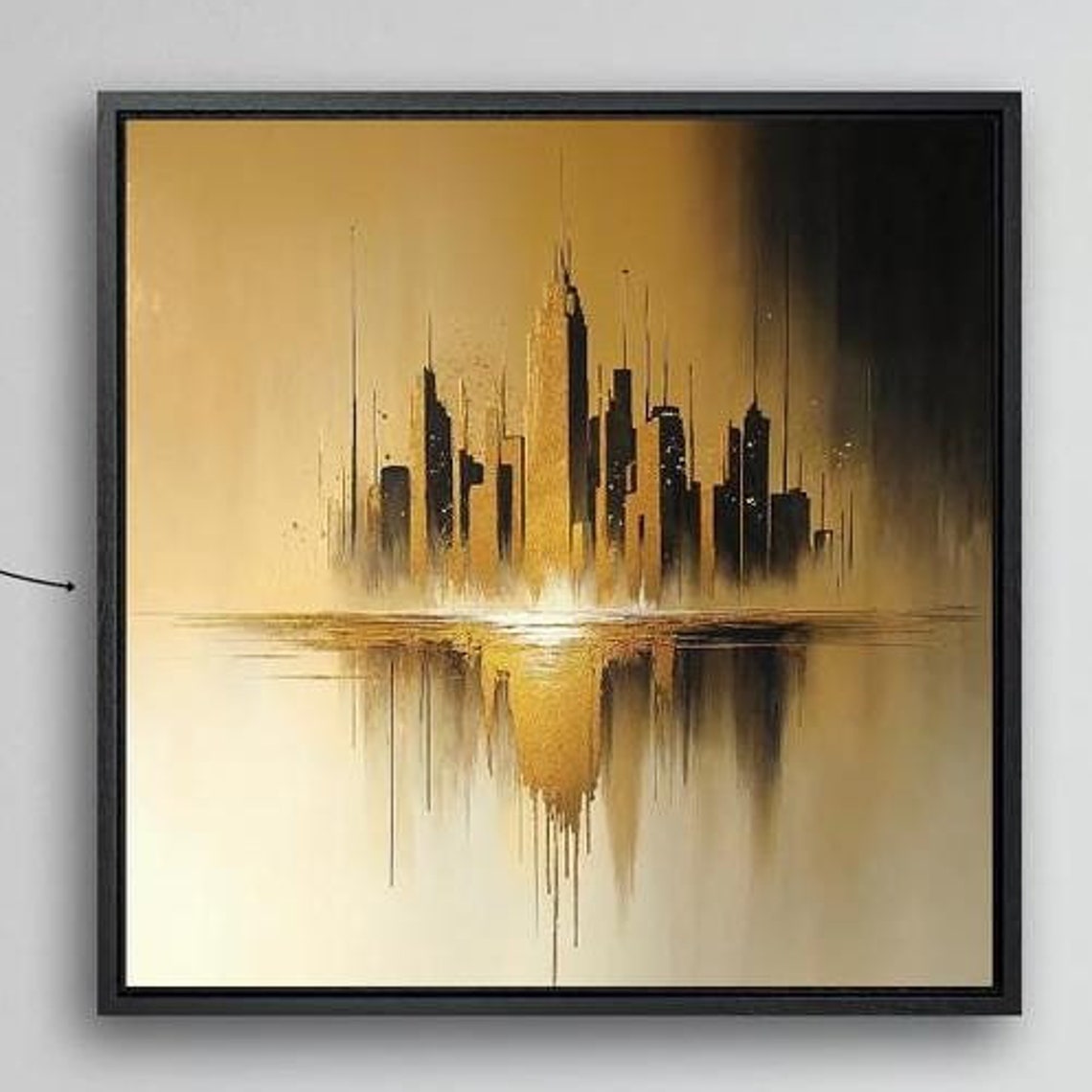 Gold Black Abstract City Skyline Silhouette Reflection Wall Art