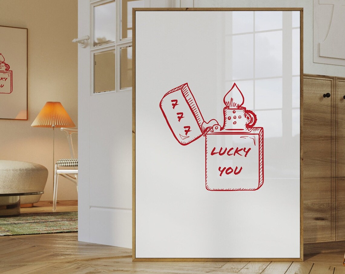Lucky You 777 Red Lighter Hand Drawn Minimal Line Art Poster - Image 3
