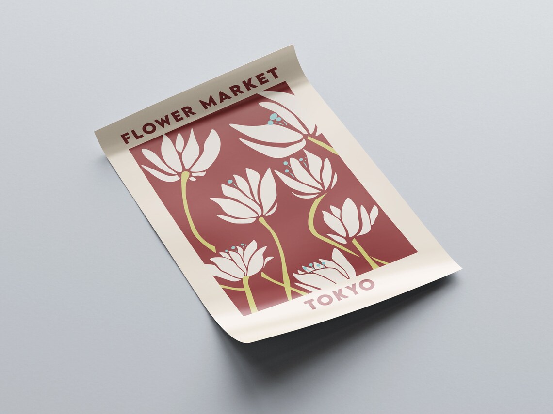Tokyo Flower Market Maroon Background Print White Lily Floral Art - Image 3