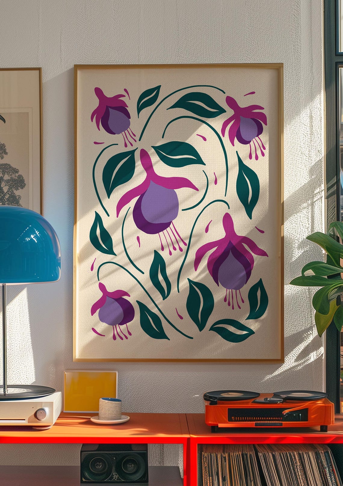 Magenta Fuchsia Blooms on Cream Retro Maximalist Botanical Poster - Image 4