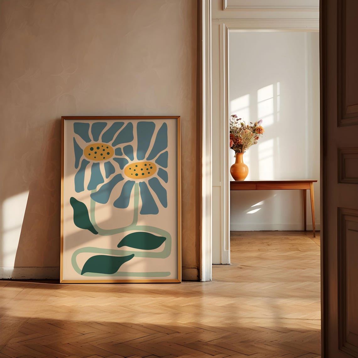Matisse Style Blue Daisies with Dotted Centers Floral Poster - Image 3
