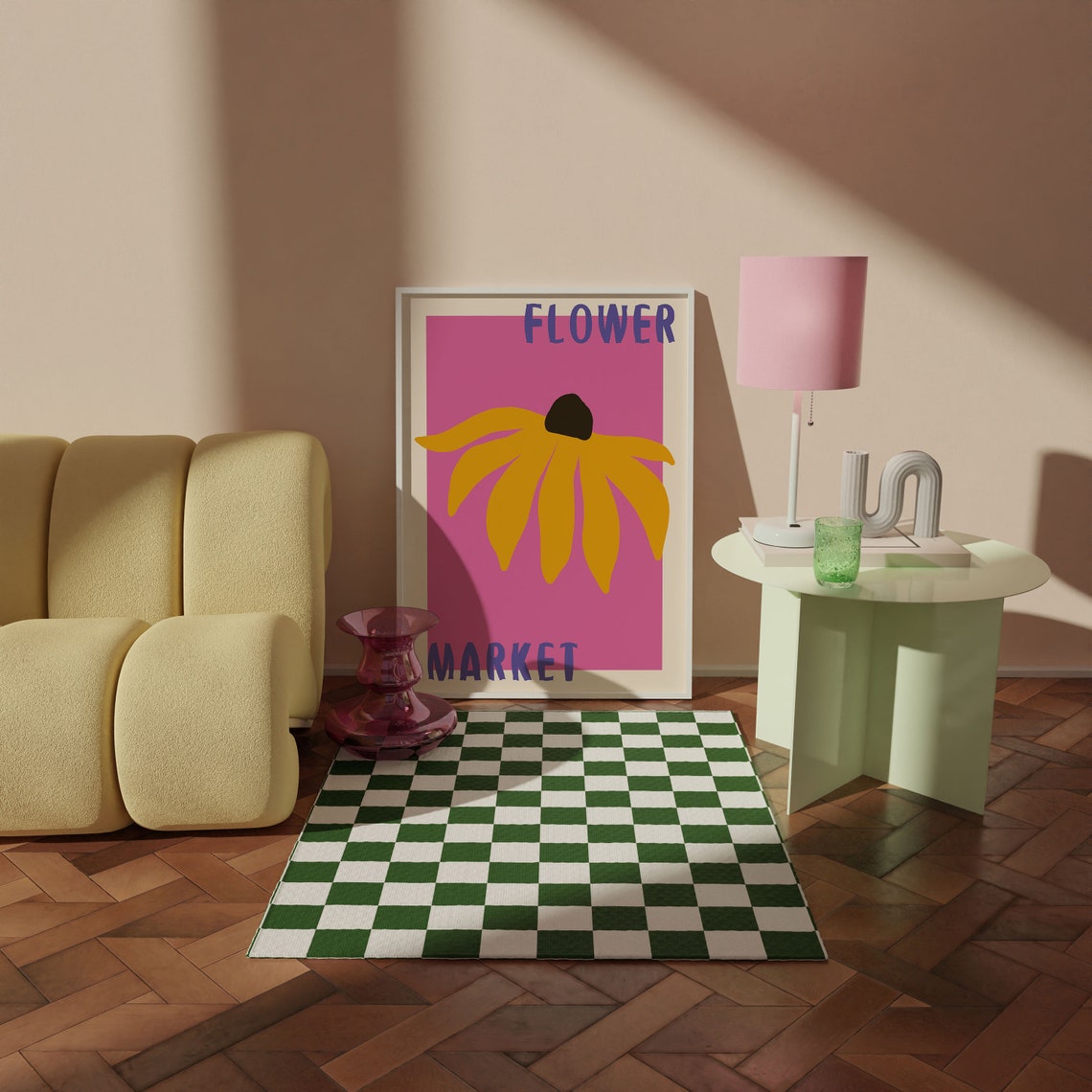 Yellow Coneflower on Hot Pink Retro Flower Market Art Poster - Image 5