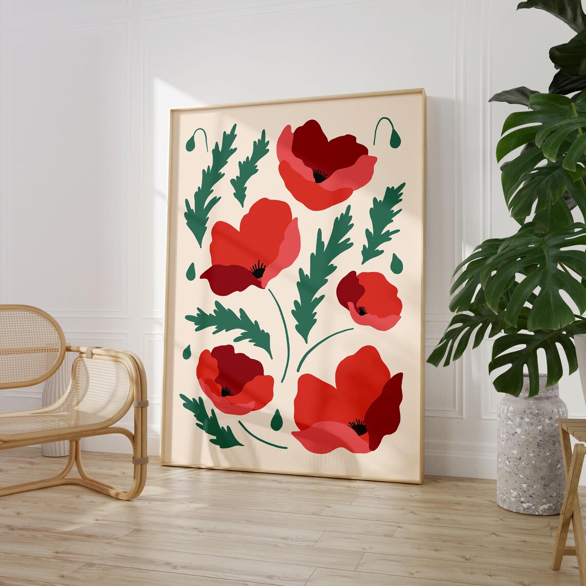 Red Poppy Bloom Maximalist Flower Market Illustration Poster