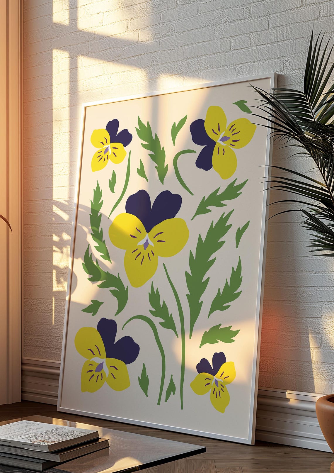Yellow and Purple Pansies on Cream Vintage Floral Art Poster - Image 3