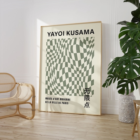 Yayoi Kusama Style Sage Green Checkered Wave Exhibition Art Poster