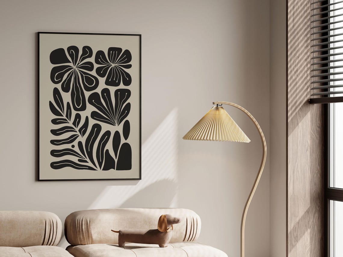 Beige Black Twin Bloom Abstract Botanical Retro Flower Poster - Image 3