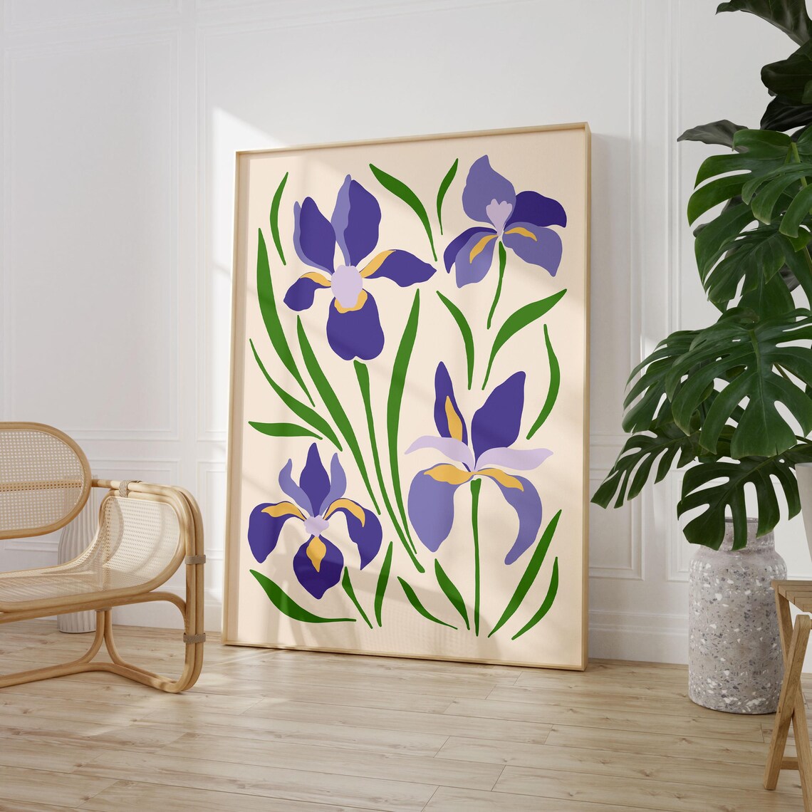 Purple Iris Botanical Poster with Green Leaves on Cream Background